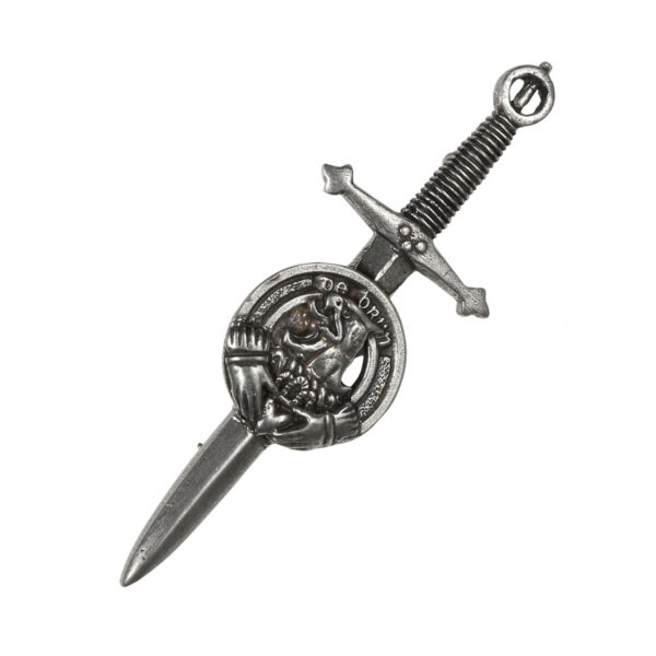 An Irish Family Crest Kilt Pin featuring a skull and crossbones engraved on a sword.
