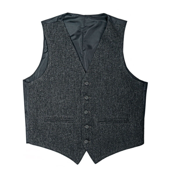 A Tweed 5 Button Vest with black buttons on a white background.