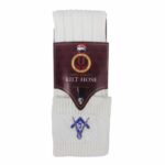 A pair of white Masonic Kilt Hose with a Masonic logo on them.