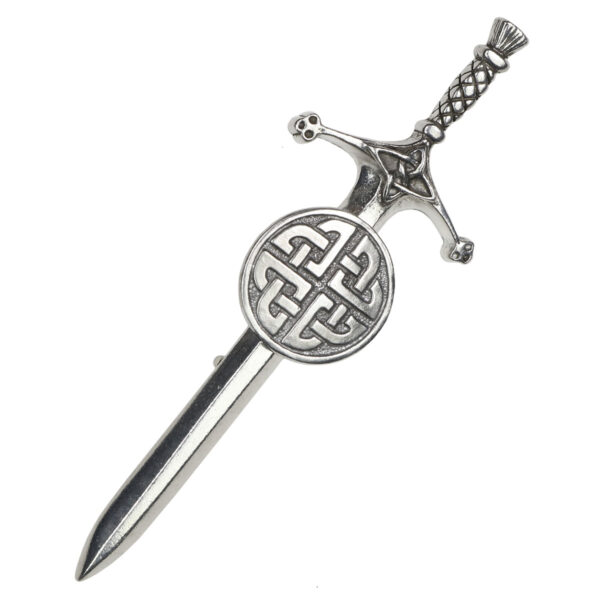 A silver Celtic Lovers Knot Pewter Kilt Pin with a Celtic design and Lovers Knot Pewter embellishments.