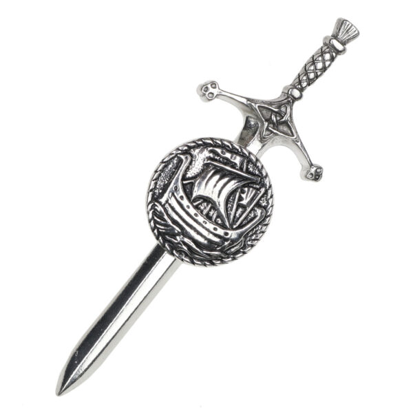 A Celtic Iona Galley Pewter Kilt Pin with a ship on top of it.
