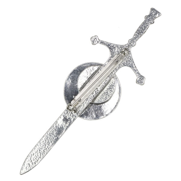 A Celtic Iona Galley Pewter Kilt Pin featuring a silver sword design, on a white background.