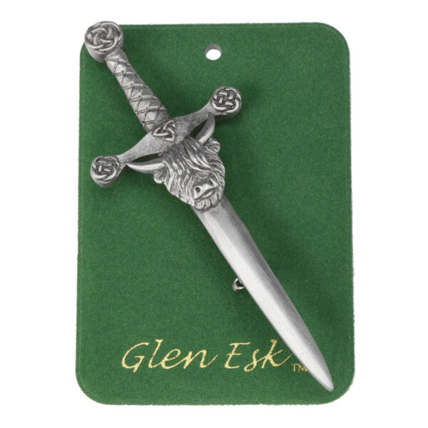 Antiqued Glen Esk sword on a green card with an Antiqued Heilan Coo Kilt Pin.