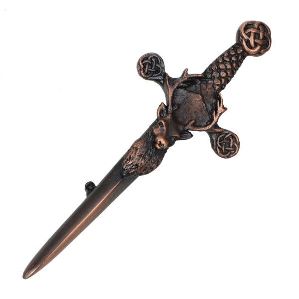 A Celtic sword featuring a Stag's Head Bronze Kilt Pin motif, showcased on a clean white background.