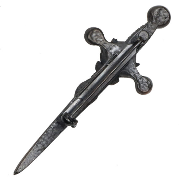 A sword adorned with a cross on it, featuring the Stag's Head Bronze Kilt Pin.