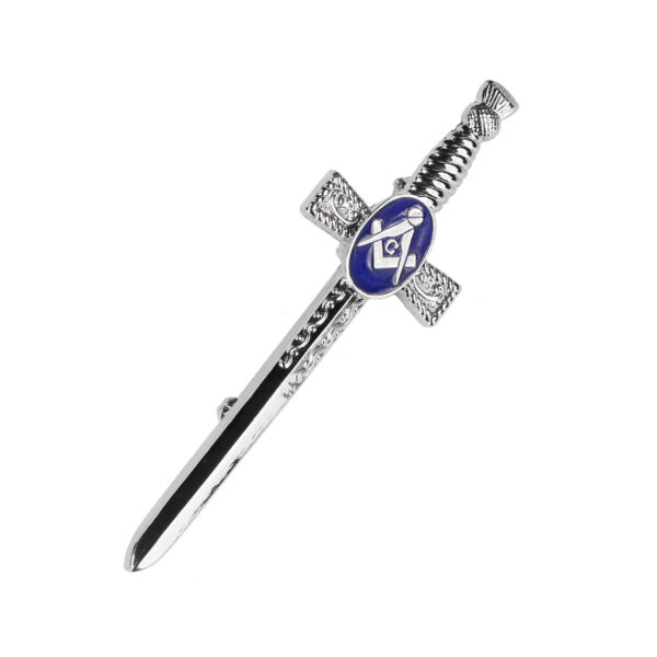 Chromed Masonic Thistle Kilt Pin with blue enamel and a kilt pin.