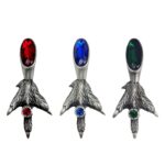A pair of Fancy Grouse Claw Kilt Pin adorned with colorful red, blue, and green stones.