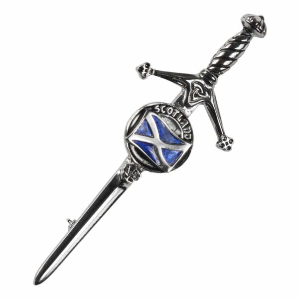A sword with a Saltire Art Pewter Kilt Pin on it.