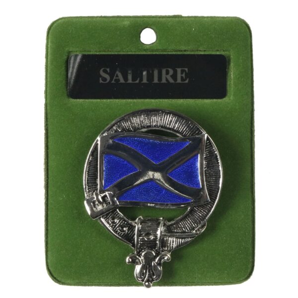 A Saltire Art Pewter Cap Badge/Brooch in a green box.