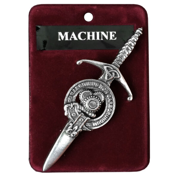 A Machine Gears Steampunk Cap Badge/Brooch with the word "machine" intricately engraved on its hilt.