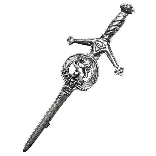 A silver sword with a cross and the Rampant Lion Kilt Pin emblem.