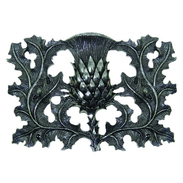 An ornate Don McKee Pewter Thistle Plaid Brooch with leaves on a white background.