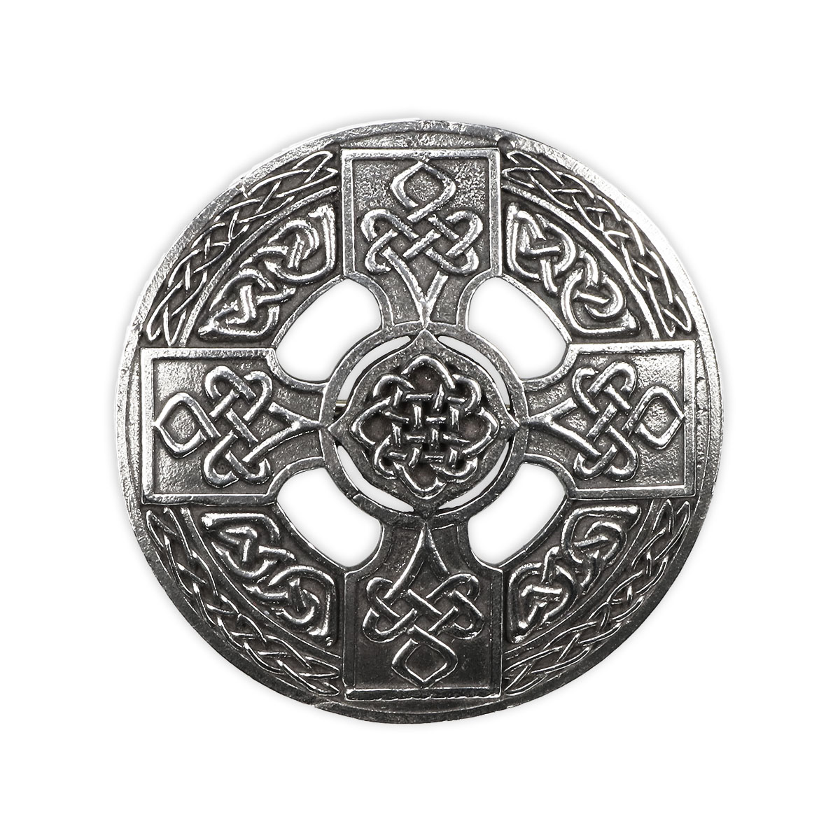 A Celtic Cross Pewter Plaid Brooch on a white background.