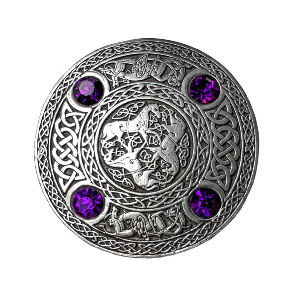 An Inverurie Pewter Plaid Brooch with purple amethyst stones.