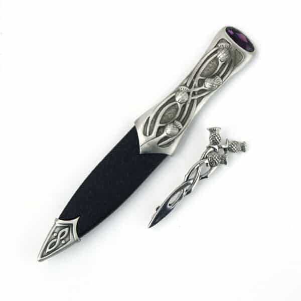 A Pewter Scottish Thistle Knot Sgian Dubh with an amethyst pendant.