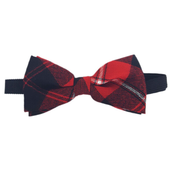A red and black plaid bow tie on a white background.