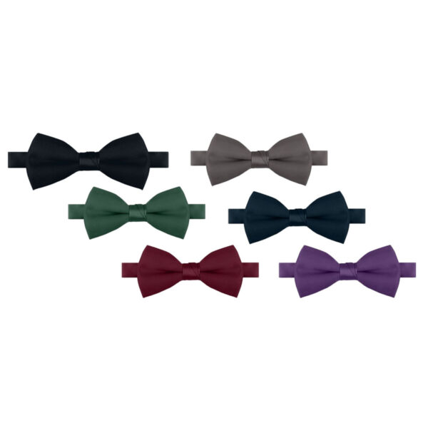 A group of different colored satin bow ties, including black satin, on a white background.