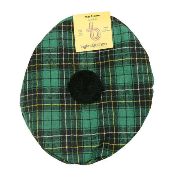 A MacAlpine Ancient Spring Weight 8oz Wool Tartan Balmoral hat with a pom pom.