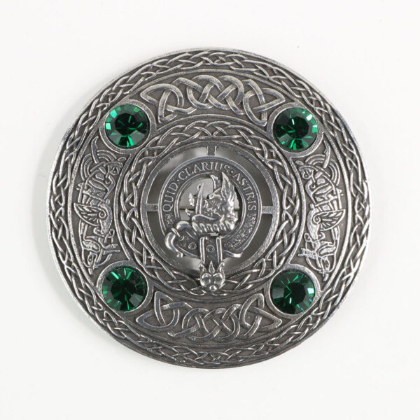 A Baillie Clan Crest belt buckle with emerald stones.