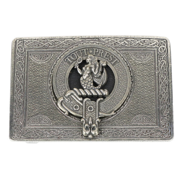 A Murray Clan Crest belt buckle with a Scottish crest on it.