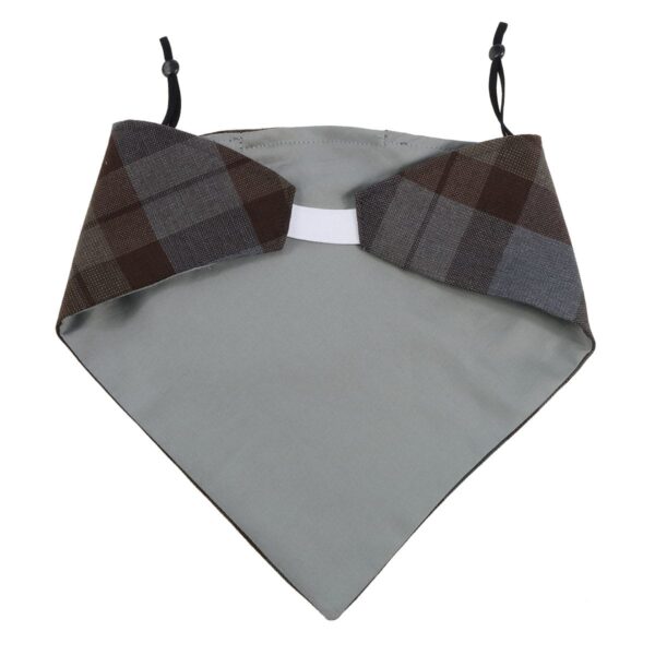 A grey and brown Tartan Bandana Masks - Wool Free with a bow tie made of Poly/Viscose Tartan.