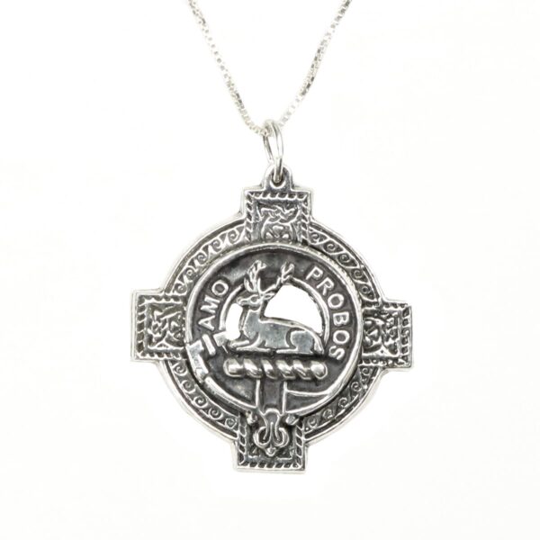 A silver Blair Clan Crest Cross Necklace pendant with an image of a deer.