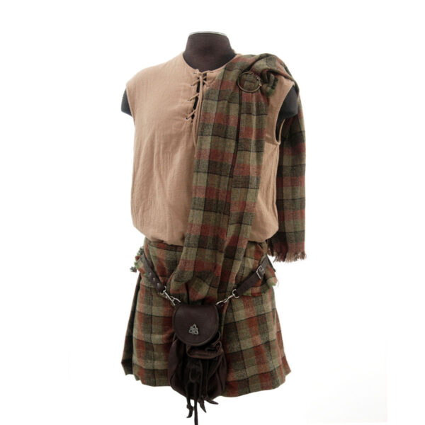 A Welsh Tartan Medium Weight Premium Wool Ancient Kilt with a belt and a bag on a mannequin.