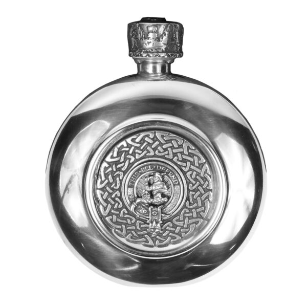 A silver MacFarlane Clan Crest Flask with a Celtic design.