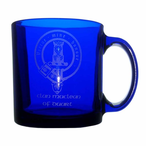A Clan Crest Coffee Mug - Engraved Blue Glass.