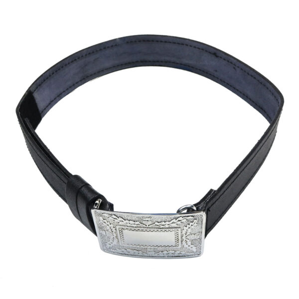 A black leather Child's Belt and Buckle Set with an ornate buckle.