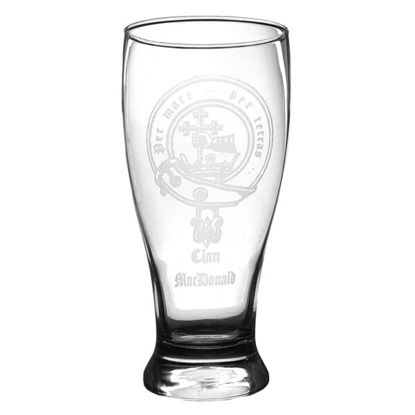 A Clan Crest 19 oz Pilsner Glass with a clan crest engraved on it.