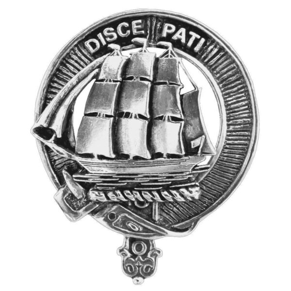 A stunning Clan Crest Pewter Cap Badge/Brooch featuring a claddagh crest adorned with a ship.