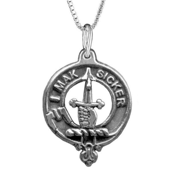 A sterling silver necklace with a claddagh crest and a Clan Crest pewter pendant with the product name "Clan Crest Pewter Pendants".