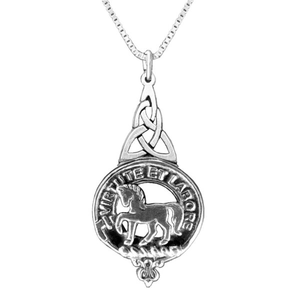 A Clan Crest Interlace Drop Pewter Pendant with a horse on it, perfect for Clan Crest enthusiasts.