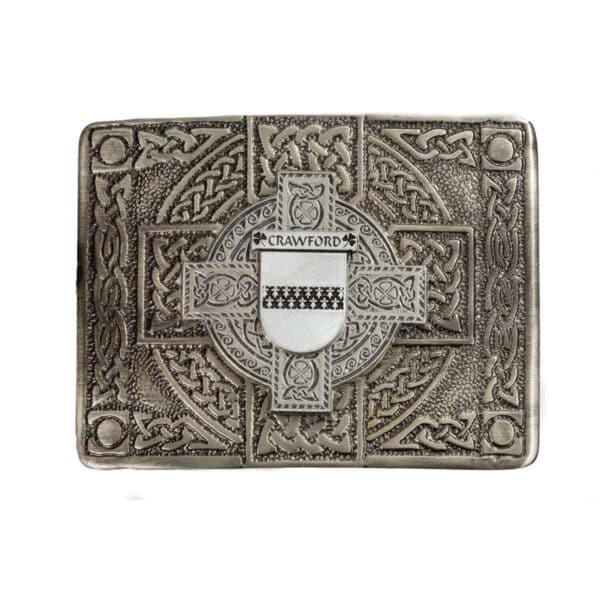 A Celtic-inspired Crawford Coat of Arms Kilt Belt Buckle featuring the Crawford Coat of Arms design.