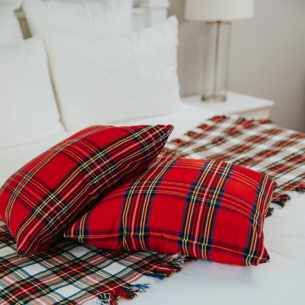 Two plaid pillows on top of a Homespun Tartan Blanket/Throw bed.