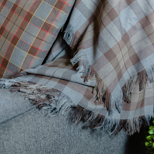 An OUTLANDER Throw/Blanket Authentic Premium Wool Tartan on a couch next to a potted plant.