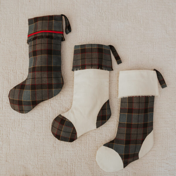 Three Tartan Stocking with Toes - Homespun Wool Blend christmas stockings on a white surface.
