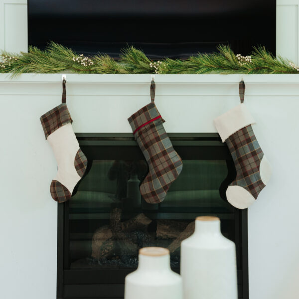Homespun Tartan Stocking with Toes - Homespun Wool Blend stockings hanging on a fireplace mantle.
