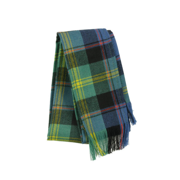 A Watson Ancient Tartan Stole - Medium Weight 13oz Premium Wool with green, blue and yellow patterns on a white background.