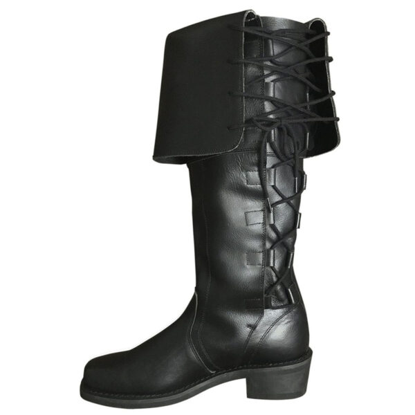 A pair of Black Scottish Pirate Boots with laces, perfect for any swashbuckling adventure.