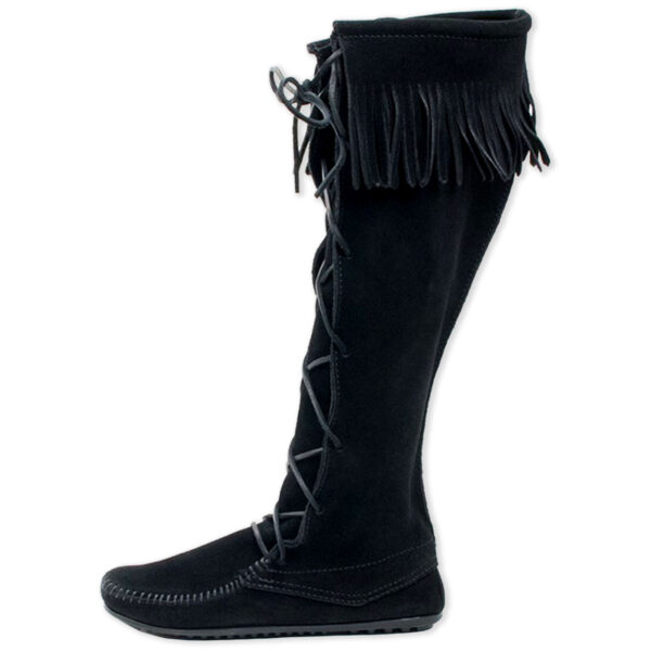 A men's suede knee high boot with fringes.