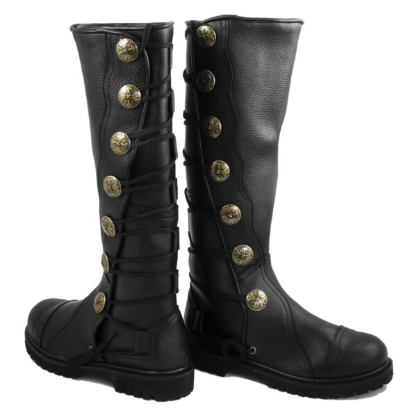 Black Premium Leather Knee-High Boots with gold buttons.