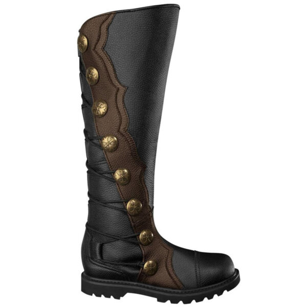 A pair of Premium Black with Brown Leather Knee-High Boots with buttons on them. These premium leather knee-high boots are a versatile addition to any wardrobe, combining the classic colors of black and brown for a stylish and.