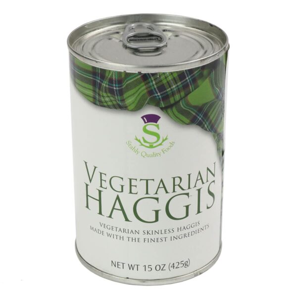 A can of Vegetarian Haggis on a white background.