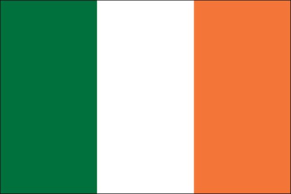Standard Irish Tri-color flag.  The Irish government has described the symbolism behind each color as being that "green represents the older Gaelic tradition and the orange represents the supporters of William of Orange. The white in the center signifies a lasting truce between the Supporters and Traditionalists.