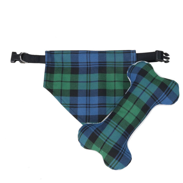 Scottish tartan dog bandana and bone set featuring a Plush Tartan Dog Toy - Wool Free, perfect for dogs who appreciate wool-free materials.