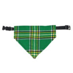 A green and yellow Plush Tartan Dog Toy - Wool Free dog bandana on a white background.