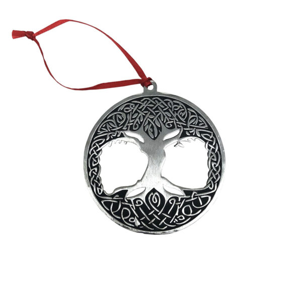 A silver Celtic Cross Ornament with a red ribbon.