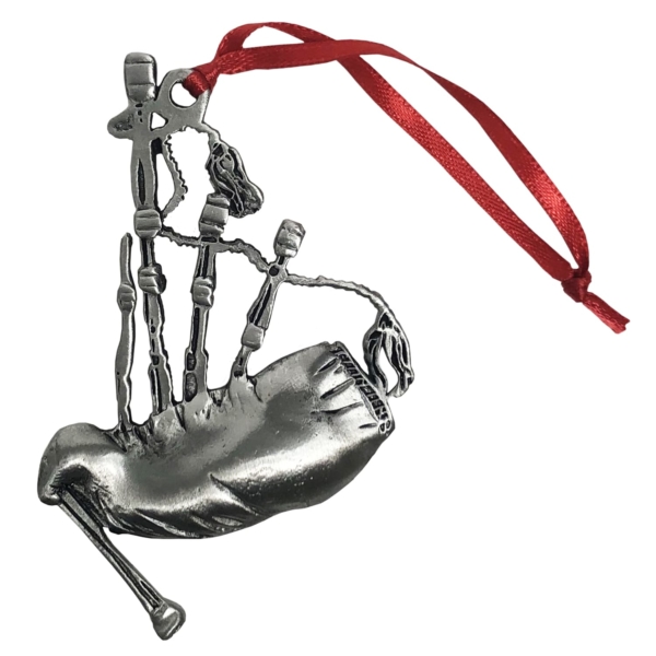 A silver bagpipe ornament with a red ribbon.